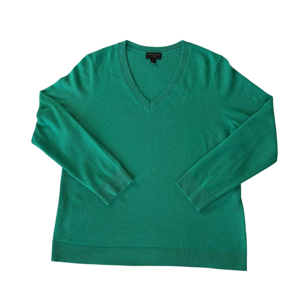 Charter Club Luxury 100% Cashmere V-Neck Sweater Emerald Green XXL Holiday Cozy